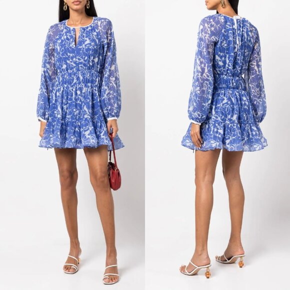 Jonathan Simkhai Harlowe Mini Dress Blue Amalfi Abstract Floral Long Sleeves - Picture 1 of 8